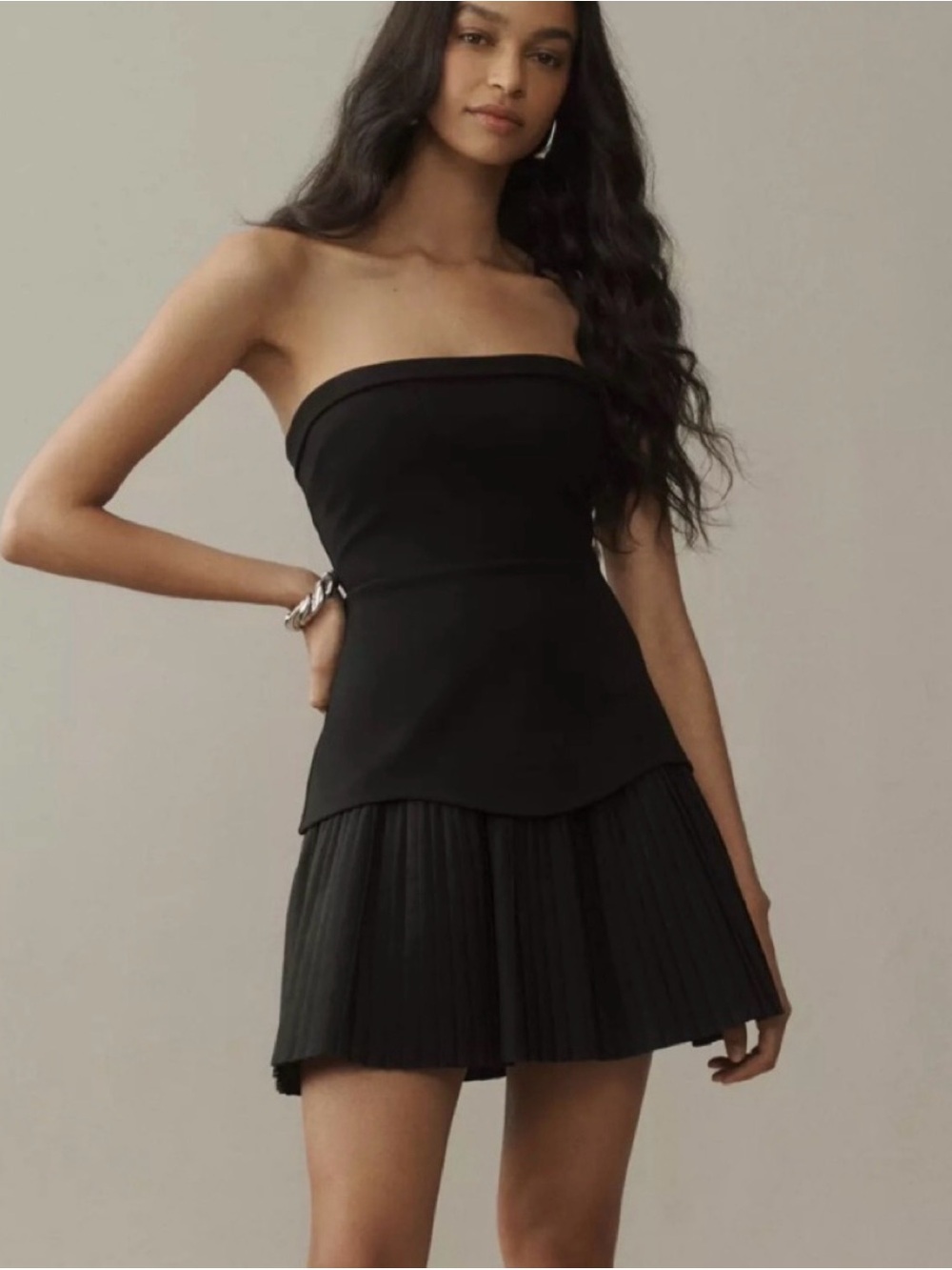 BHLDN Black Strapless Pleated-Hem Mini Dress